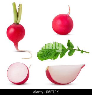 Set fresh red radish whole, cut in half, slice with leaf isolated on white background. Clipping Path. Full depth of field. Stock Photo