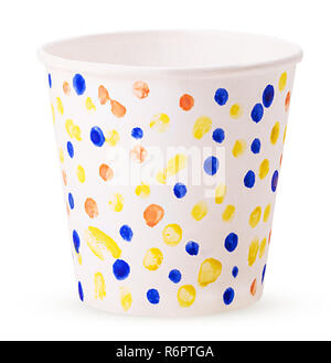 disposable glass pattern of colored polka dots. handmade. isolated on white background. Clipping Path. Full depth of field. Stock Photo