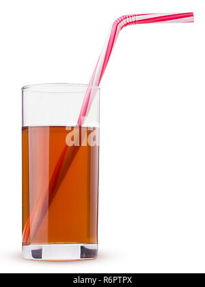 Glass of fresh apple juice with straw pink striped isolated on white background. Clipping Path. Full depth of field. Stock Photo