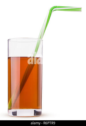 Glass of fresh apple juice with straw green striped isolated on white background. Clipping Path. Full depth of field. Stock Photo