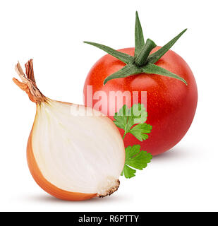 yellow onion cut in half, red tomato, green parsley isolated on white background. Clipping Path. Full depth of field. Stock Photo