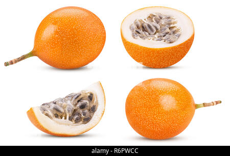 Set granadilla fruit whole, cut in  half, slice isolated on white background. Clipping Path. Full depth of field. Stock Photo