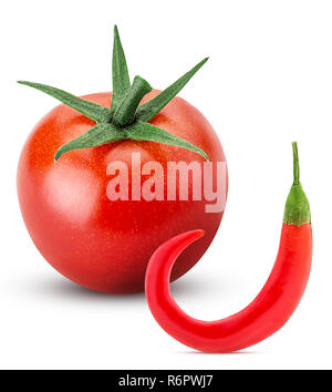 tomato and red chili peppers isolated on white background. Clipping Path. Full depth of field. Stock Photo