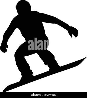male snowboarder jumping on snowboard black silhouette Stock Vector