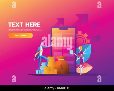People fill out a form via mobile application. Online application. Cartoon miniature illustration vector graphic on white background. Web banner Stock Vector