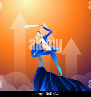 Flat isometric vector concept. A businessman that looks like a superhero is showing sword on mountain. Stock Vector