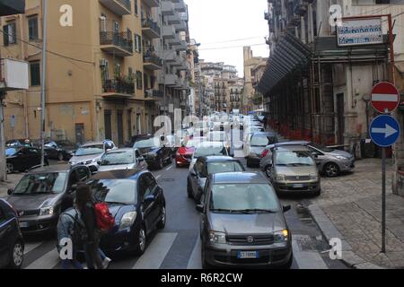 Palermo, Sicily, Italy - October 22nd 2018: Traffic congestion in Palermo, which is one of the most hazardous cities in Italy for driving in. Stock Photo