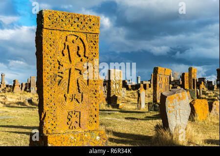 Medieval Khachkars carved memorial stele, Noratus cemetery, Sevan Lake, Gegharkunik province, Armenia, Caucasus, Middle East, Asia Stock Photo