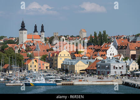 Old town with cathedral and harbour, Visby, Gotland Island, Sweden Stock Photo