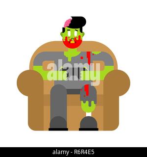 Zombie gamer player video game. Zombie guy and joystick. Dead man sitting on chair playing videogame Stock Vector