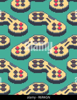 Gamepad pixel art pattern seamless. Joystick 8bit background. Video game Old school control lever Stock Vector
