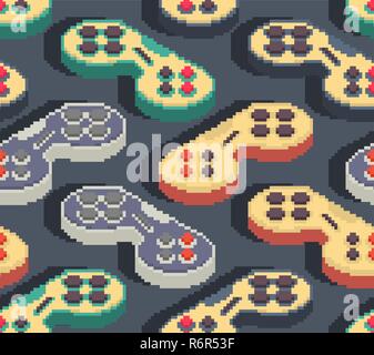 Gamepad pixel art pattern seamless. Joystick 8bit background. Video game Old school control lever Stock Vector