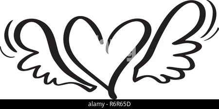Vector Valentines Day Hand Drawn Calligraphic Heart with wings. Holiday Design element valentine. Icon love decor for web, wedding and print. Isolated Calligraphy lettering illustration Stock Vector