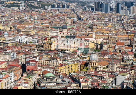 Aeirial view of the city of Naples looking acros the Quartieri Spagnoli, Spanish Quarters, and the Centro Storico,  Naples, Campania, Italy. Stock Photo