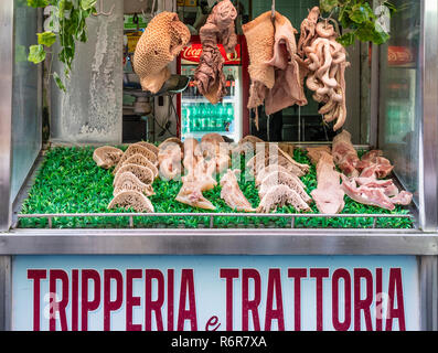 A window display at a Tripperia and Tratoria, Tripe shop and restaurant,  specialising in all kinds of tripe and offal, in the Via Pignasecca on the n Stock Photo