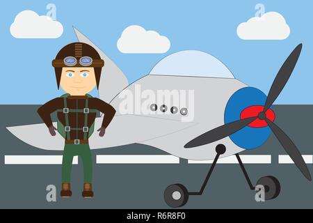 Young pilot standing by airplane at hangar.Cartoon vector illustration design. Stock Vector