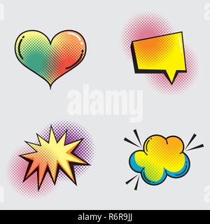 set heart with chat bubble and star with cloud patch Stock Vector