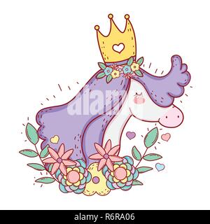 unicorn wearing crown with flowers and leaves plants Stock Vector