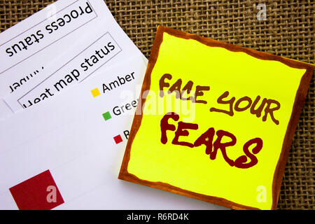Handwritten text sign showing Face Your Fears. Business concept for Challenge Fear Fourage Confidence Brave Bravery written on Sticky Note Paper with Heat Map on textured background Stock Photo