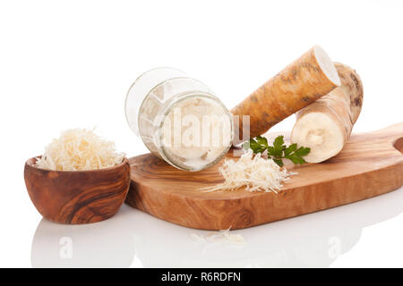 Healthy Horseradish sauce and root Stock Photo