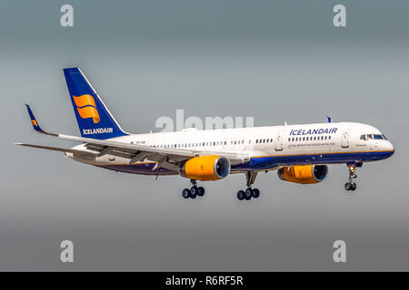 An Icelandair Boeing 757, registration TF-FIA, landing at Manchester Airport in England.