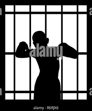 Man in jail behind bars Stock Photo