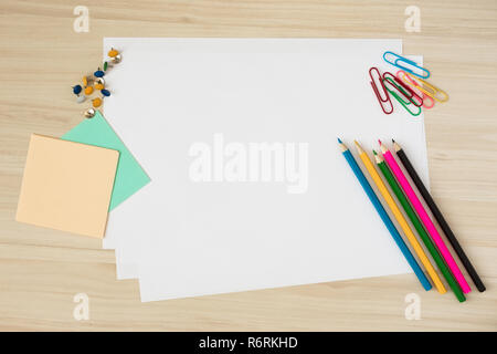 Still life from stationery on a wooden table Stock Photo