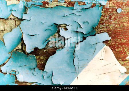 Texture background of blue peeling paint on the wooden texture surface Stock Photo