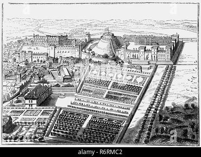 An 18th Century aerial plan of Windsor Palace, Berkshire, England  following the Restoration of the monarchy in 1660 when King Charles II created 'the most extravagantly Baroque interiors ever executed in England'. Later in the 18th Century, Queen Anne attempted to address the lack of a formal garden by instructing Henry Wise to begin work on the Maestricht Garden beneath the North Terrace, which was never completed. Stock Photo