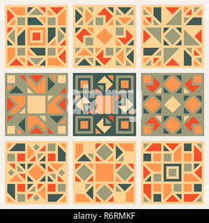 Set of Nine Vector Geometric Square Quilt Retro Pattern Design Element  in Orange and Green Colors Stock Photo