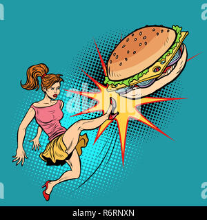 Woman kicks Burger, fastfood and healthy food Stock Photo