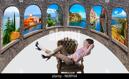 A beautiful woman is looking up by dreaming about the visiting of the most famous places in the Italy Stock Photo