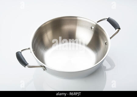 Kitchen: Top View of Stainless Steel Pan  Isolated on White Background Shot in Studio Stock Photo