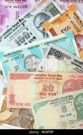 Finance: Top View of Various Indian Currency Notes Stock Photo