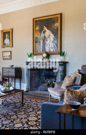 Portrait of Fanny Fowler above fireplace in drawing room of 18th century Goodnestone mansion Stock Photo