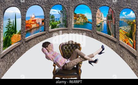 A beautiful woman is looking up by dreaming about the visiting of the most famous places in the Italy Stock Photo