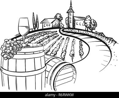 Vineyard barrel and glass drawing, hand-drawn vector food illustration for vine label and social media marketing Stock Vector