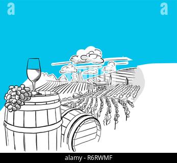 Vineyard landscape with glass drawing, hand-drawn vector food illustration for vine label and social media marketing Stock Vector