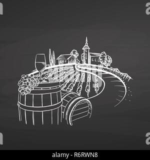 Vineyard drawing on chalkboard, hand-drawn vector food illustration for vine label and social media marketing Stock Vector