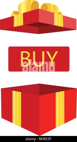 Open gift box with big sale button. cartoon simple style trend modern logotype graphic design isolated on white background. concept buy, of win prize or bonus for customer and promo giftbox for ecommerce Stock Vector