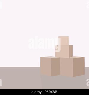 Moving day. Pile of cardboard boxes on the floor in empty apartment illustration Stock Vector
