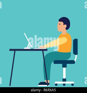 A stylish man sitting at the table and working on a notebook. Vector illustration, trendy style, flat design. Business concept Stock Vector