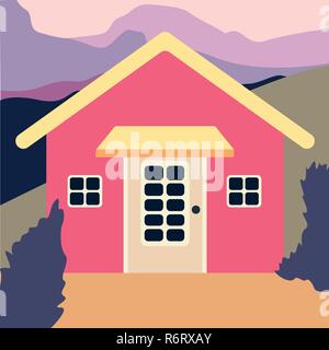 illustration of cute pink house with trees on background with clouds. vector flat buildings illustration. cute spring pastel house Stock Vector