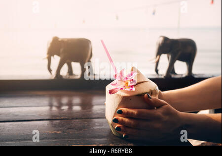 Woman drinks sweet fresh coconut decorated with flower at restaurant on the beach at sunrise. Stock Photo