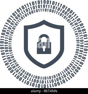 cyber security shield icon or logo. binary digital circles and lock. vector illustration isolated on white background. Stock Vector