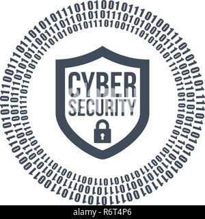 cyber security shield icon or logo. binary digital circles and lock. vector illustration isolated on white background. Stock Vector