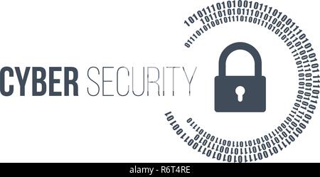 abstract technology concept cyber security with lock and digital binary circles around it. Vector illustration isolated on white background. Stock Vector