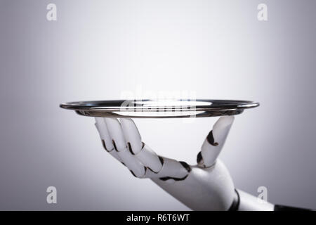Robot Hand Holding Empty Plate Stock Photo