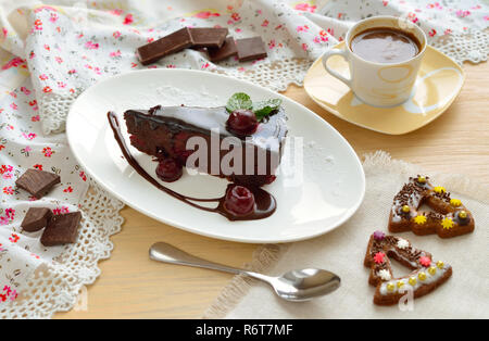 Double Chocolate Cherry Dump Cake with coffee Stock Photo