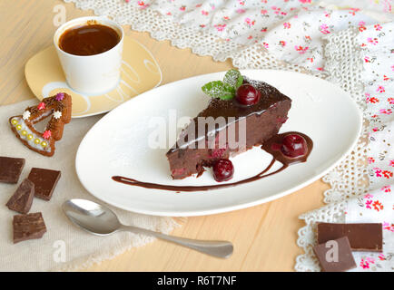 Double Chocolate Cherry Dump Cake with coffee Stock Photo
